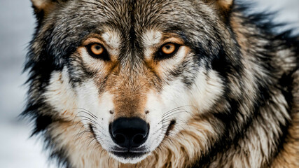 Fototapeta premium Wolf closeup of fur and alert eyes with plain background