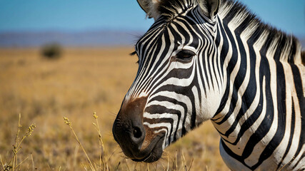 Zebra closeup grazing in an open savannah under a clear blue sky