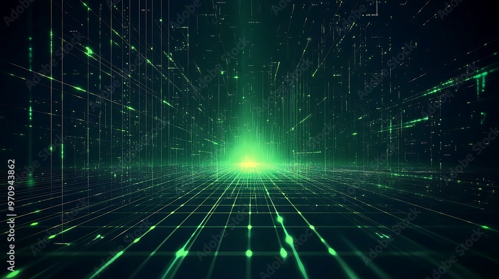 Poster futuristic green digital landscape with glowing lines and particles, representing advanced technolog