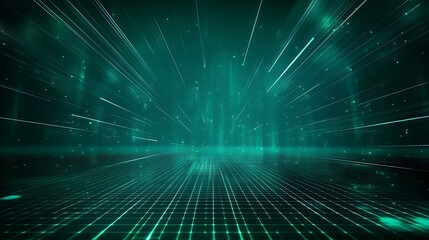 Obraz premium Futuristic green abstract background featuring dynamic light rays and grid patterns, ideal for technology and innovation themes.