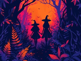 Forest trail with witches walking, magical Halloween, flat design illustration.