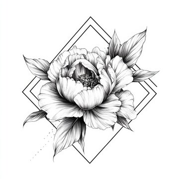 A black and white illustration of a peony flower with geometric details.