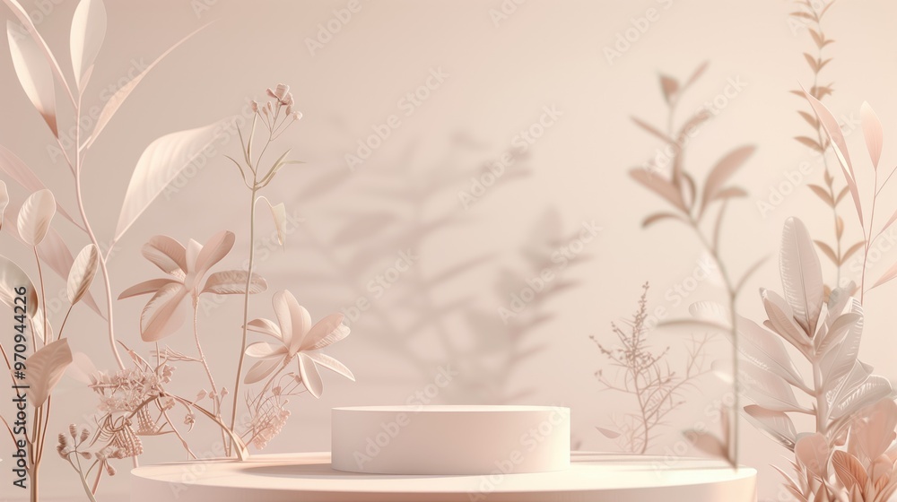 Poster minimalistic floral display with empty podium and soft beige tones.