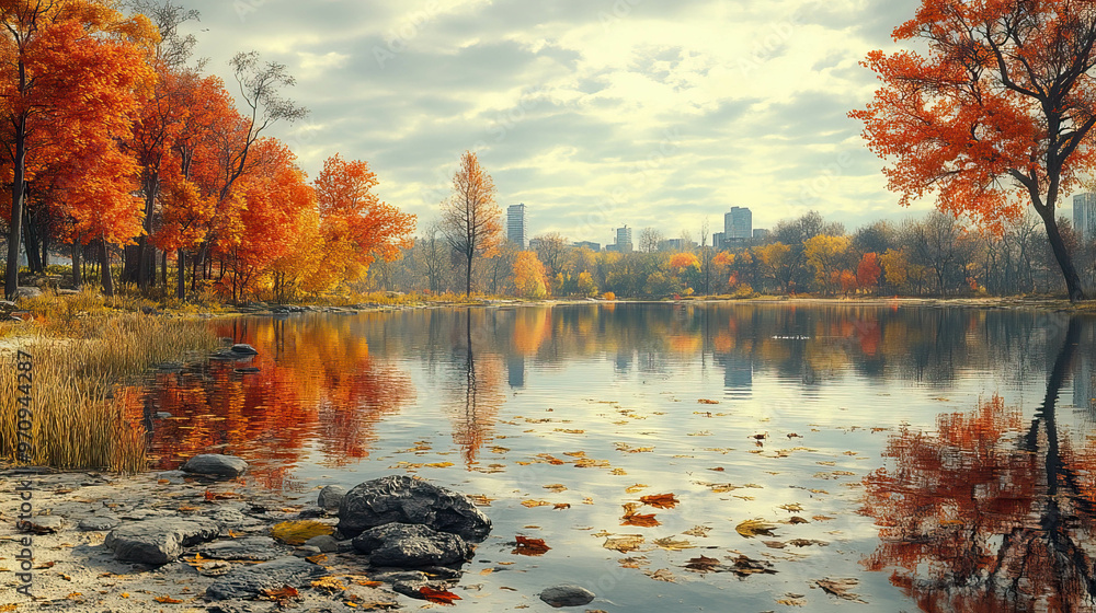 Poster a beautiful autumn day with a lake and trees in the background. the water is calm and the leaves are