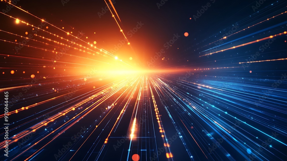 Poster vibrant abstract background featuring streaks of light in blue and orange, creating a dynamic and en