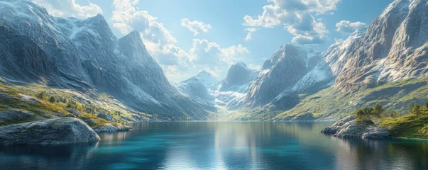 Fototapeten A breathtaking landscape featuring majestic mountains and a serene lake under a clear blue sky. © Pakkarada