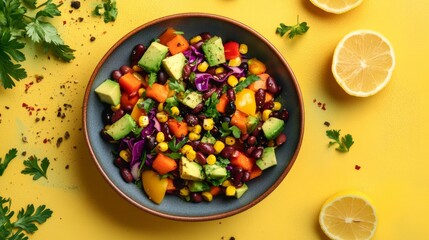 Homemade bean salad with carrots avocado Purple cabbage peppercorn and olive oil and lemon juice on colorful background. Vegan food.Healthy food concept