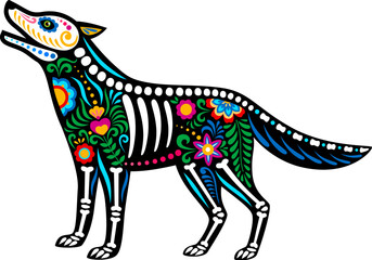 Day of the dead Mexican coyote animal skeleton tattoo, sugar skull. Isolated vector wild howl wolf or coyote animal figure with traditional alebrije motifs and bones, celebrating Mexican death holiday