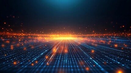 Vibrant digital landscape featuring glowing particles and lines, creating a futuristic and dynamic atmosphere.