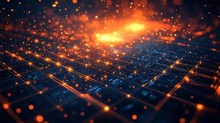 Fototapeta premium Vibrant digital landscape showcasing glowing particles and intricate patterns, perfect for technology and innovation themes.