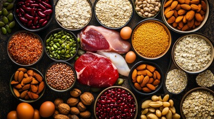 High protein food for body builders as meat fish dairy eggs buckwheat oatmeal nuts bean pumpkin seed and sunflower seed. Top view.