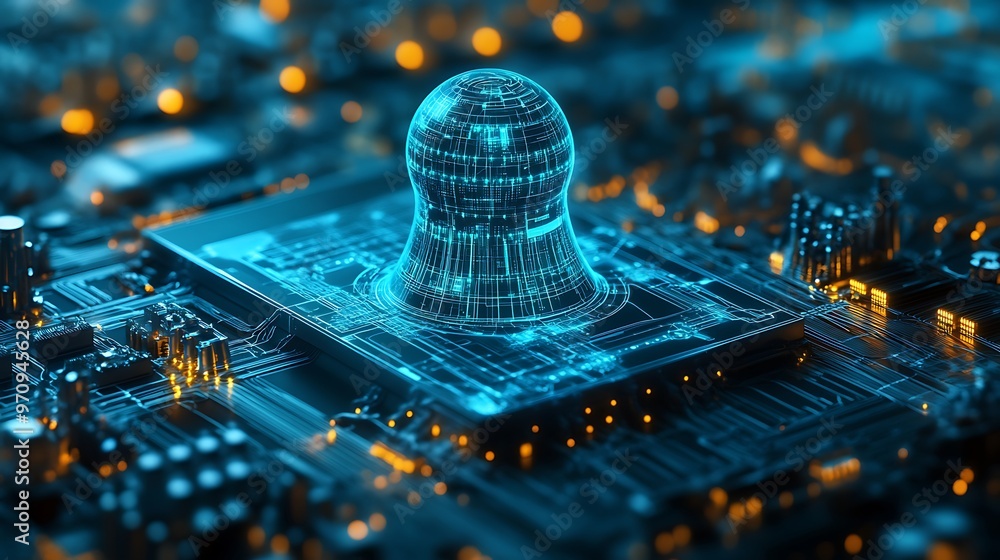 Poster digital core: a 3d rendering of a futuristic processor