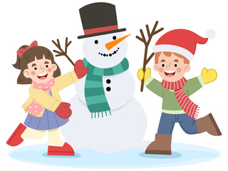 Vector illustration of children making a snowman