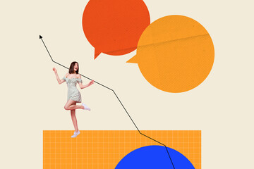 Composite artwork collage image picture of mini girl dialogue bubble arrow upwards isolated on...