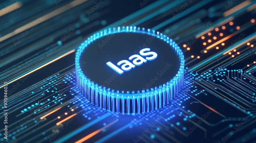 Poster a digital illustration of iaas technology, highlighting cloud computing infrastructure on a circuitr