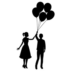 Silhouette of couple with balloon on white background, vector illustration