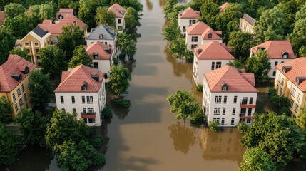 Aerial view of flooded neighborhood surrounded by trees, showcasing waterlogged houses and the impact of natural disaster on urban areas.