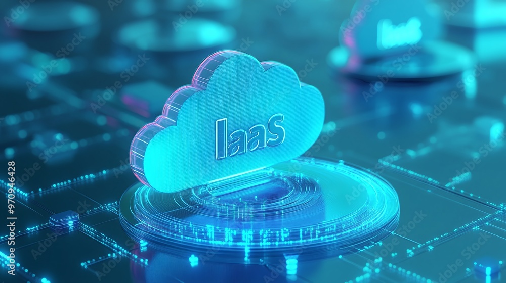 Poster a modern representation of iaas cloud computing concept with glowing icons on a digital circuit back