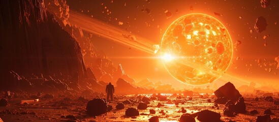 Dramatic celestial explosion illuminates a fiery molten alien landscape in a surreal apocalyptic cosmic disaster  Meteors asteroids and comets rain down amidst a backdrop of glowing lava nebulae