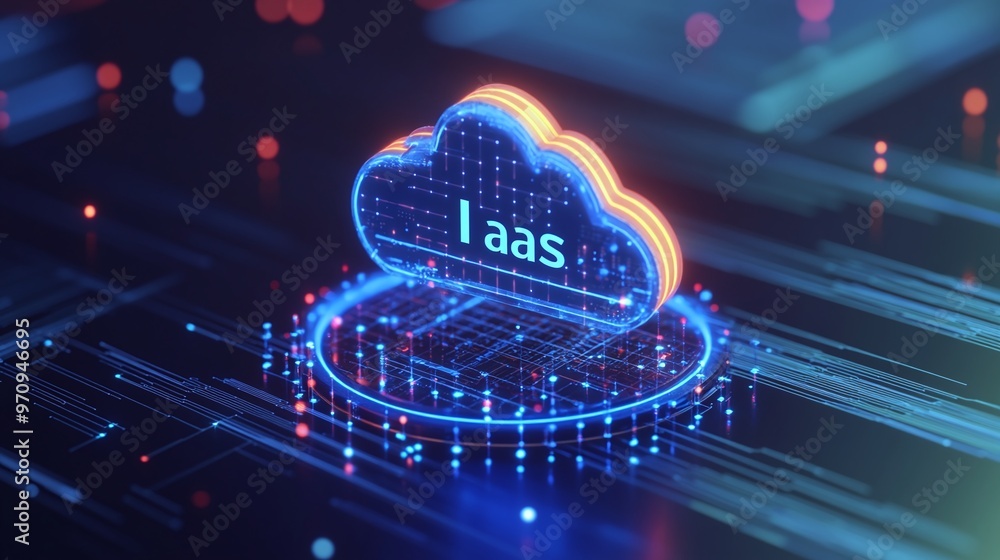 Poster a vibrant digital representation of iaas technology, featuring a glowing cloud and network elements 