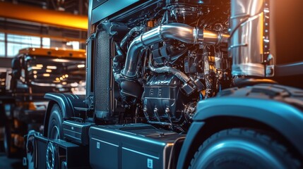 Fototapeta premium Truck tractor engine opening for maintenance servicing. Diesel truck engine. Auto Service Shop