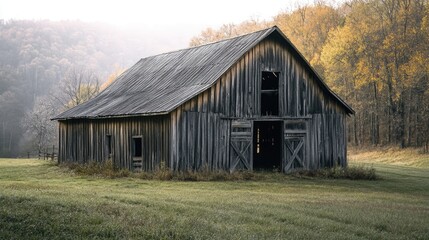 Rustic Wooden Barn in a Misty Meadow