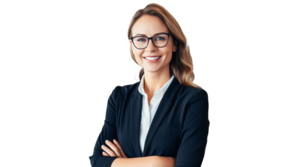 Smiling confident businesswoman posing with arms folded on transparent background PNG.


