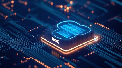 A vibrant representation of Infrastructure as a Service (IaaS) in a digital cloud environment featuring circuits and lights.