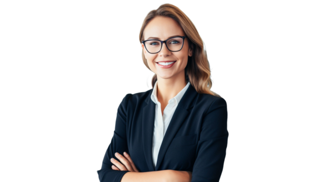 Smiling confident businesswoman posing with arms folded on transparent background PNG.