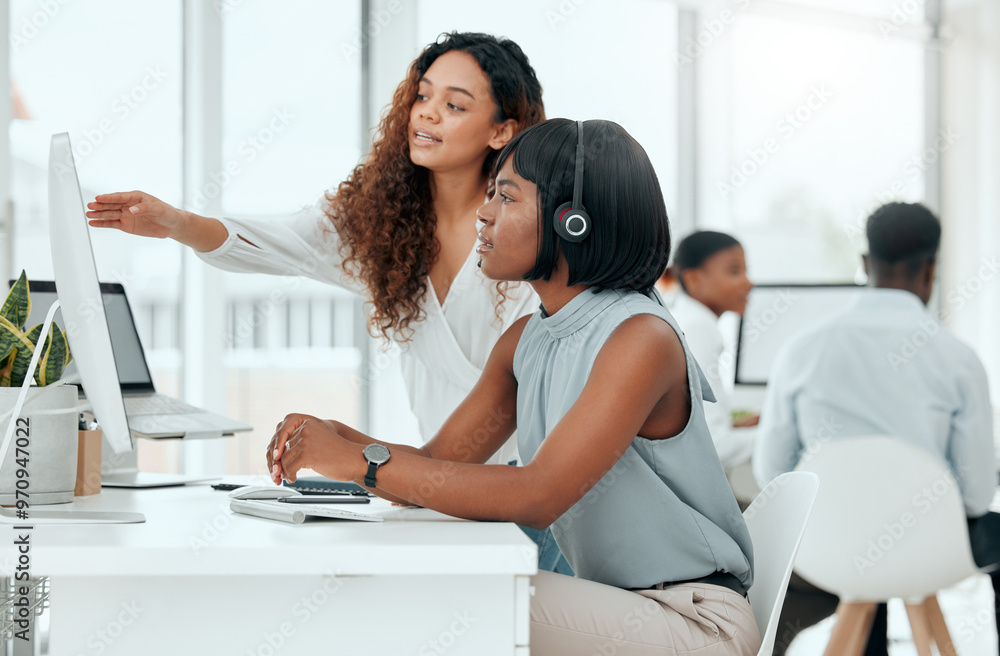 Poster Call center, supervisor or helping agent on computer for customer service management or explain online system. Telemarketing, women or consultant with technical support training, advice or assistance