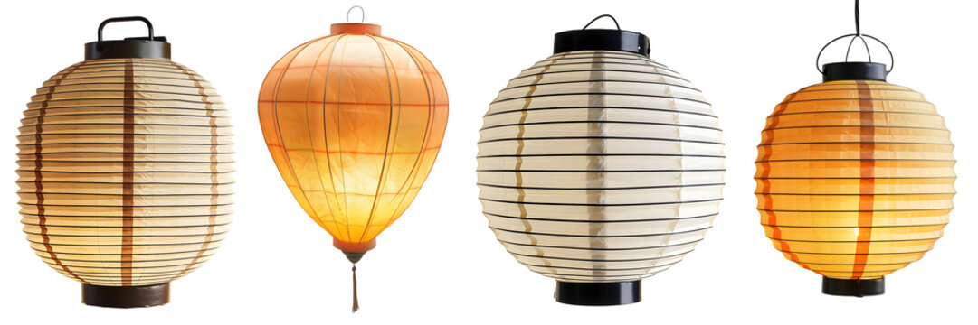 Round paper lantern with soft beige pleats and dark horizontal strips creating a layered pattern isolated on a white background, png