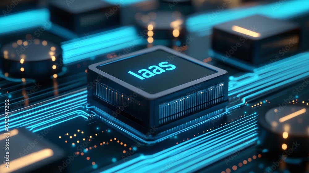 Poster close-up of a microchip representing infrastructure as a service (iaas) on a modern circuit board wi