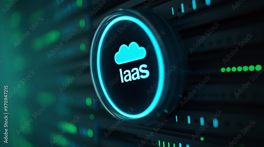 Poster close-up of an iaas logo illuminated on a server, representing cloud computing and infrastructure so