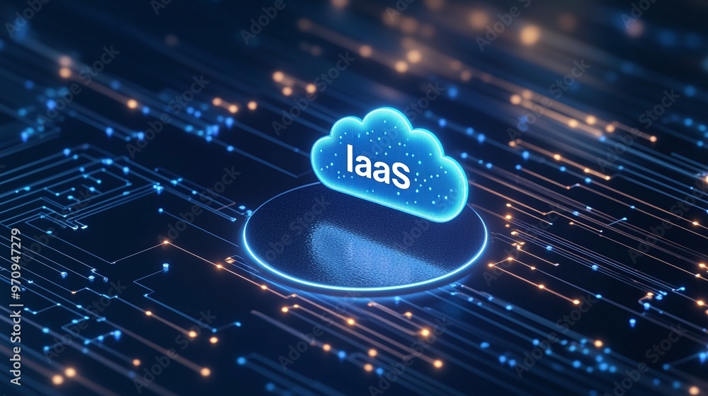 Poster cloud computing concept featuring iaas service, with a glowing cloud icon on a digital circuit backg