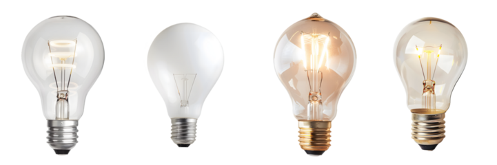 Four different vintage and modern style light bulbs arranged side by side isolated on a white background, png