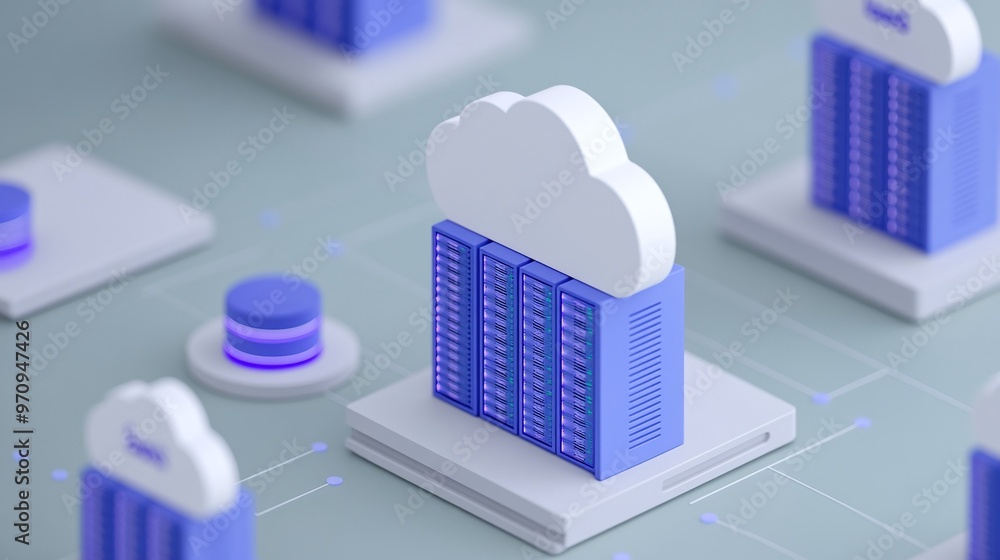 Poster colorful 3d illustration of cloud storage with database servers on a digital network, symbolizing te