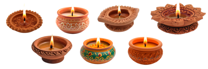 Brightly colored diya collection with artistic patterns used for Diwali festival, lit with flames, isolated on a white background png
