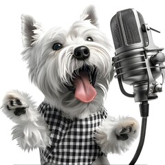 "A white dog wearing a checkered shirt, holding a microphone on white background,

