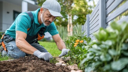 A focused gardener is planting flowers in a garden bed, dressed in work attire with gloves and a cap, ensuring the new plants flourish in the spring season, showcasing dedication and nature.