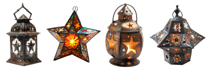 our decorative lanterns in star and cylindrical shapes with intricate cutout designs glowing warmly, isolated on a white background, png