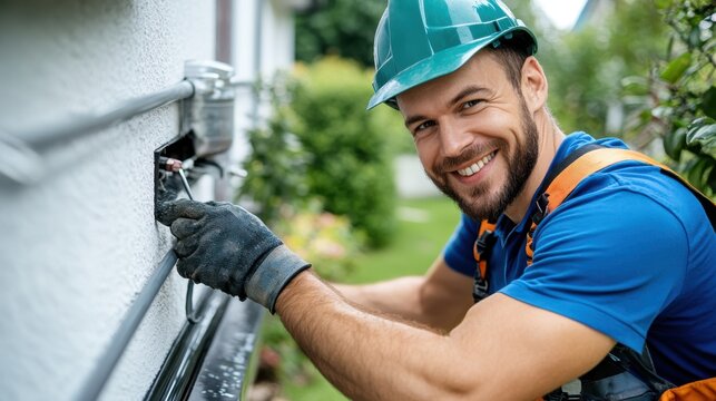 A cheerful electrician wearing a helmet and gloves is working on an outdoor power outlet, showcasing safety and professional skills in his craft.