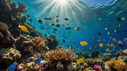 Fototapeta premium A vibrant underwater scene with colorful coral reefs, schools of tropical fish swimming 