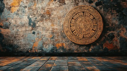Naklejka premium Background in American Indian Style with Mayan or Aztec calendar on old wall. Empty space texture.