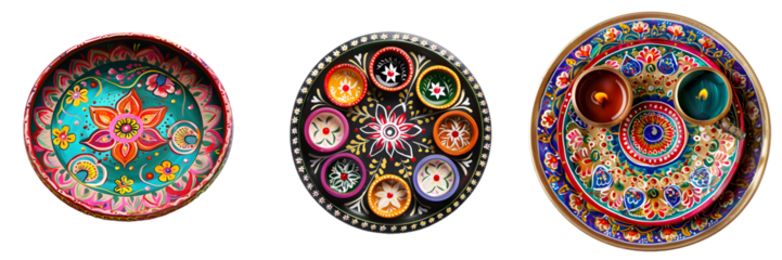 Three beautifully hand-painted Diwali plates with decorative clay lamps in various colorful designs, isolated on a white background, png