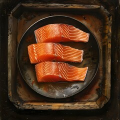 salmon steak with lemon and dill,Fresh Raw Salmon Fish Fillet Healthy Gourmet Meal on Wooden Board with Lemon and Rosemary,
