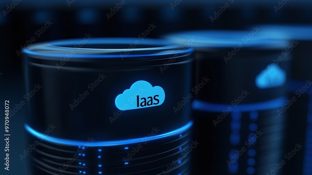 Poster conceptual image of cloud computing technology, featuring iaas symbol on a digital interface with a 
