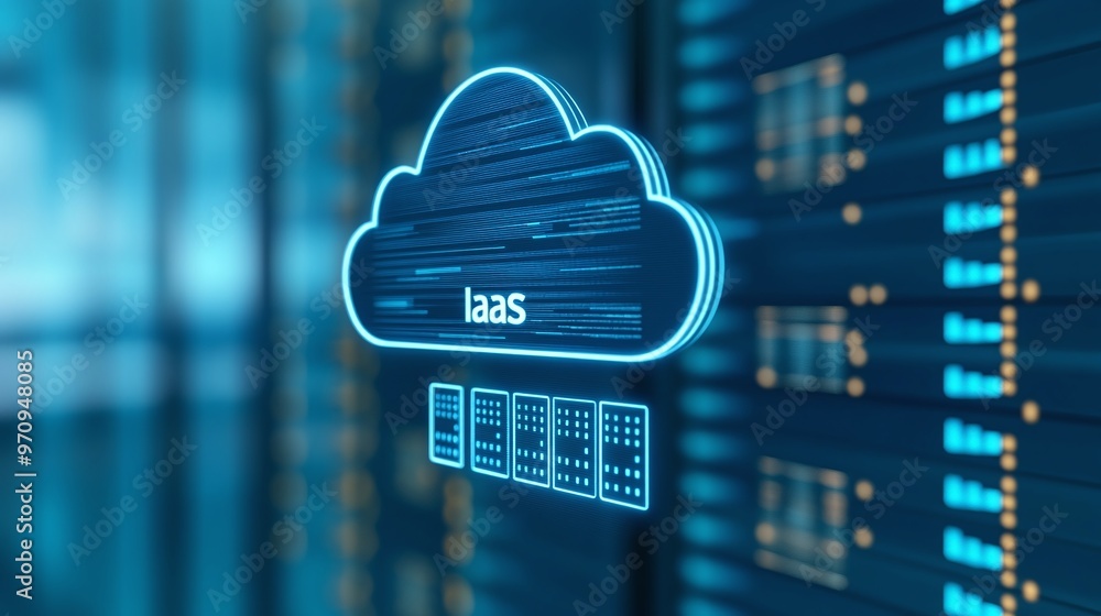 Poster conceptual image of cloud computing with iaas service symbol, representing data storage and modern t