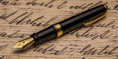 Fototapeta premium Fountain pen on top of handwritten letters written in cursive font. Vintage manuscript background
