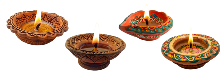 Artistic collection of colorful hand-painted Diwali oil lamps with burning wicks isolated on a white background, png