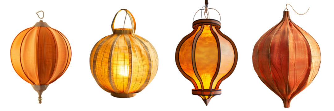 A set of beautiful handmade clay lanterns lit up for Diwali celebrations isolated on a white background, png